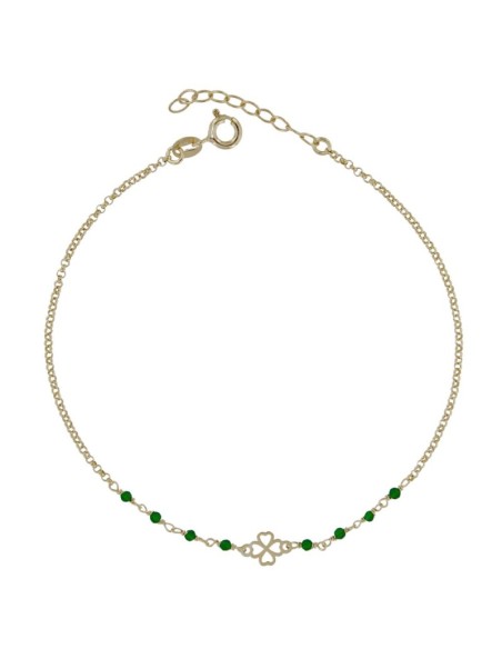 TO-163 - TOBILLERA DE PLATA CHAPADO EN ORO CON MOTIVO DE TRÉBOL Y PIEDRA VERDE DE 22 CM + ALARGADOR