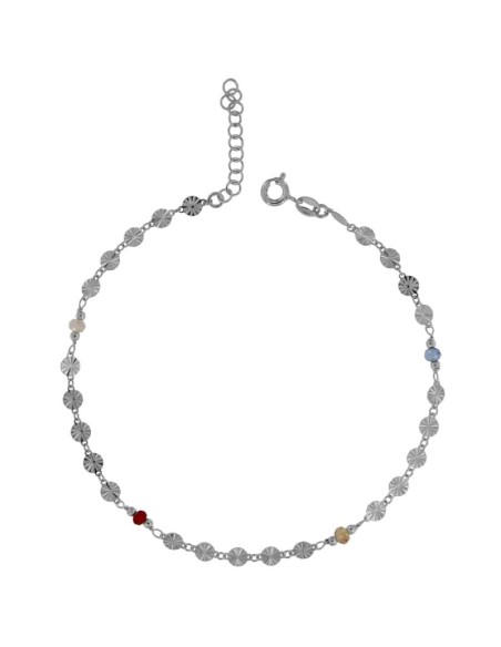 TO-141 - TOBILLERA DE PLATA CON MOTIVOS DIAMANTADOS CIRCULARES Y PIEDRAS DE COLOR DE 22 CM + ALARGADOR 