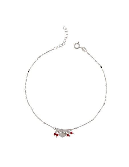 TO-116 - TOBILLERA DE PLATA DE PLATA CON MOTIVO DE CORAZÓN Y PIEDRA COLGANTE ROJA DE 26 CM