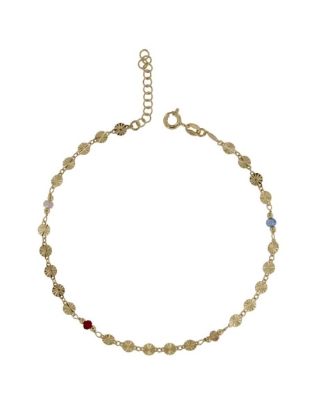 TO-142 - TOBILLERA DE PLATA CHAPADO EN ORO CON MOTIVOS DIAMANTADOS CIRCULARES Y PIEDRAS DE COLOR DE 22 CM + ALARGADOR 