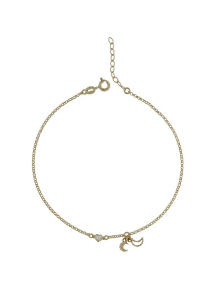 TO-134 - TOBILLERA DE PLATA CHAPADO EN ORO CON MOTIVO DE LUNAS Y CORAZÓN CON PIEDRA DE 22,5 CM