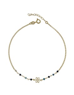 TO-167 - TOBILLERA DE PLATA CHAPADA EN ORO CON MOTIVO DE FLOR Y PIEDRAS EN TONOS AZULES DE 22 CM + ALARGADOR