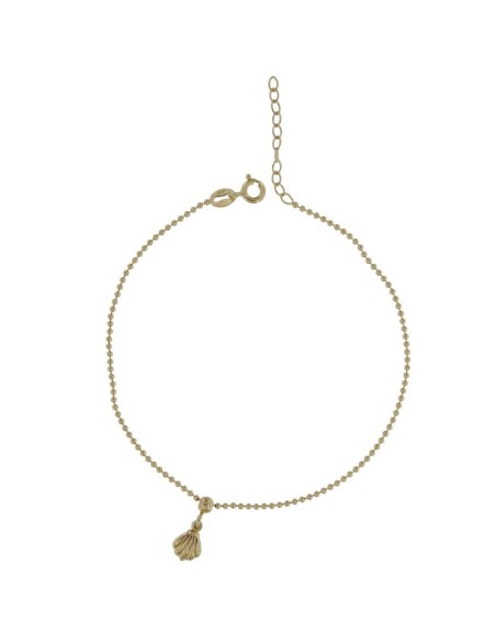 TO-138 - TOBILLERA DE PLATA CHAPADO EN ORO CON CADENAS DE BOLITAS Y CONCHA DE 22 CM + ALARGADOR