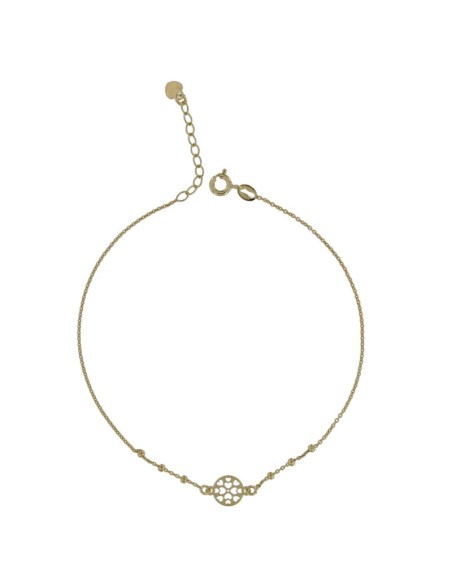 TO-128 - TOBILLERA DE PLATA CHAPADO EN ORO CON MOTIVO DE CÍRCULO CON CORAZONES CON BOLITAS DE 22,5 CM