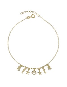 TO-169 - TOBILLERA DE PLATA CHAPADO EN ORO CON MOTIVO DE ANIMALES DEL MAR DE 22 CM + ALARGADOR