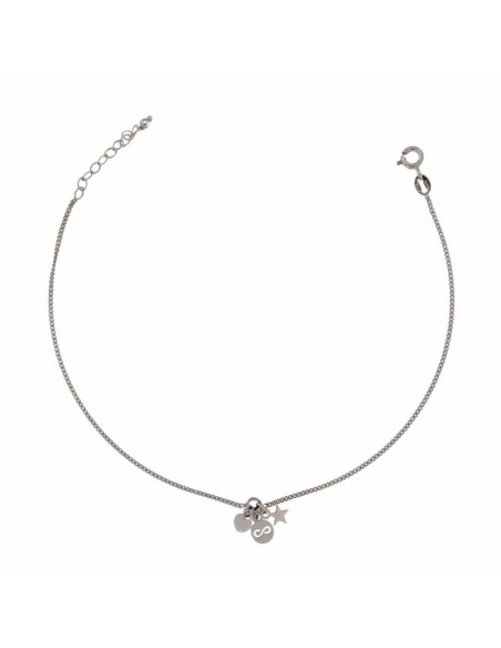 TO-88 - TOBILLERA DE PLATA CON MOTIVOS COLGANTES DE INFINITO, ESTRELLA Y CORAZÓN DE 26 CM 