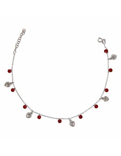 TO-105 - TOBILLERA DE PLATA CON MOTIVO DE CORAZÓN Y PIEDRA ROJA COLGANTE DE 26 CM