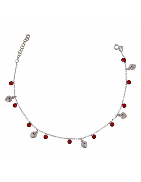 TO-105 - TOBILLERA DE PLATA CON MOTIVO DE CORAZÓN Y PIEDRA ROJA COLGANTE DE 26 CM