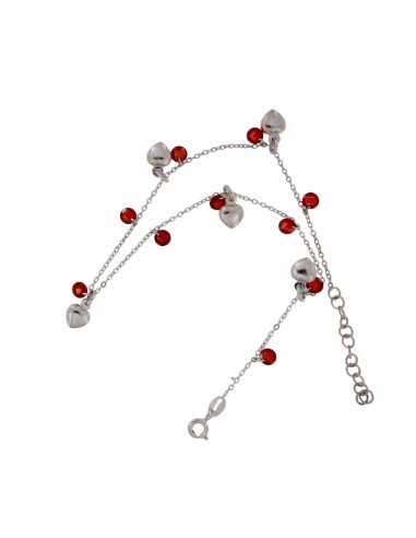 TO-105 - TOBILLERA DE PLATA CON MOTIVO DE CORAZÓN Y PIEDRA ROJA COLGANTE DE 26 CM