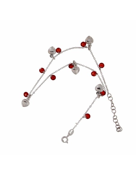 TO-105 - TOBILLERA DE PLATA CON MOTIVO DE CORAZÓN Y PIEDRA ROJA COLGANTE DE 26 CM