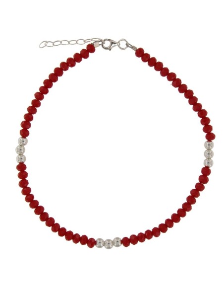 TO-120 - TOBILLERA CON BOLA DE PLATA DE 4 MM Y PIEDRA ROJA DE 22,5 CM + ALARGADOR