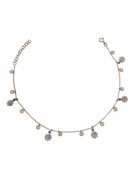 TO-104 - TOBILLERA DE PLATA CON MOTIVO DE SOL Y PIEDRA AMBAR COLGANTE DE 26 CM