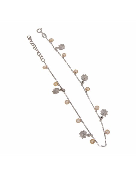 TO-104 - TOBILLERA DE PLATA CON MOTIVO DE SOL Y PIEDRA AMBAR COLGANTE DE 26 CM