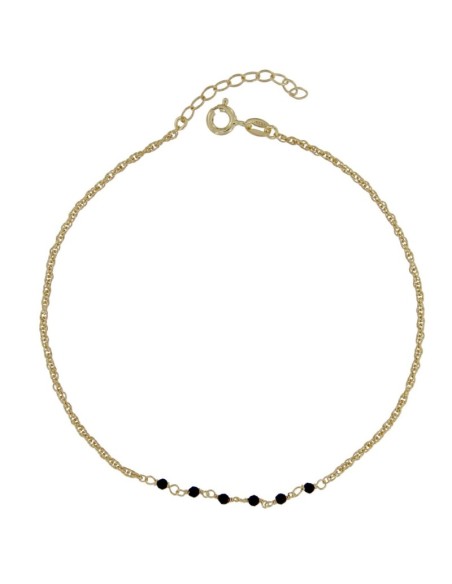 TO-173 - TOBILLERA DE PLATA CHAPADO EN ORO CON MOTIVO DE PIEDRA NEGRA DE 22 CM + ALARGADOR