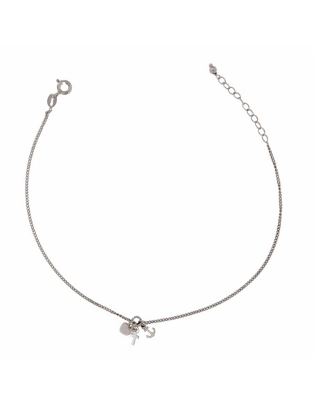 TO-109 - TOBILLERA DE PLATA CON MOTIVOS COLGANTES DE CRUZ, ANCLA Y CORAZÓN DE 26 CM 