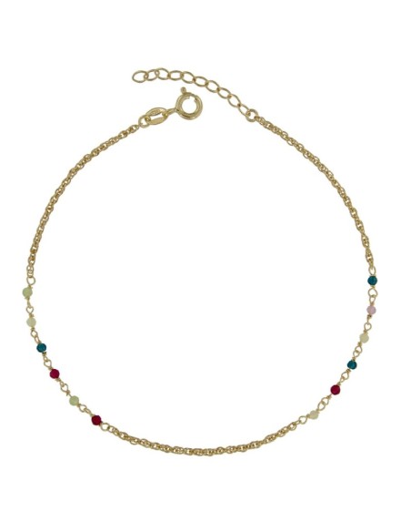 TO-177 - TOBILLERA DE PLATA CHAPADO EN ORO CON MOTIVO DE PIEDRA COLORES DE 22 CM + ALARGADOR