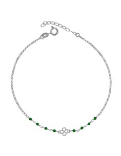TO-162 - TOBILLERA DE PLATA CON MOTIVO DE TRÉBOL Y PIEDRA VERDE DE 22 CM + ALARGADOR