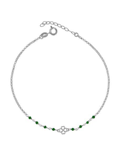 TO-162 - TOBILLERA DE PLATA CON MOTIVO DE TRÉBOL Y PIEDRA VERDE DE 22 CM + ALARGADOR
