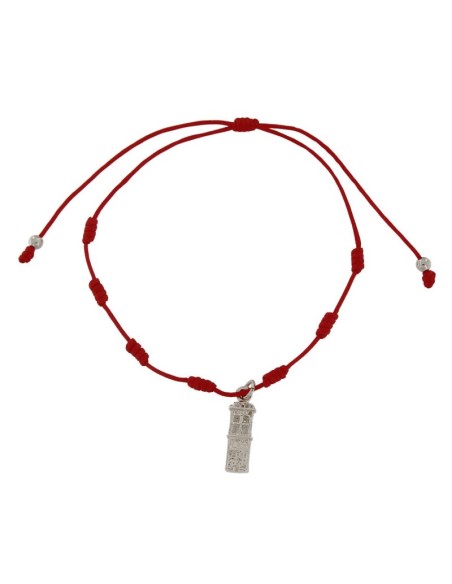 PUL-4943 - PULSERA DE 7 NUDOS ROJA CON MOTIVO DE PLATA TORRE DE 13 MM X 5 MM 
