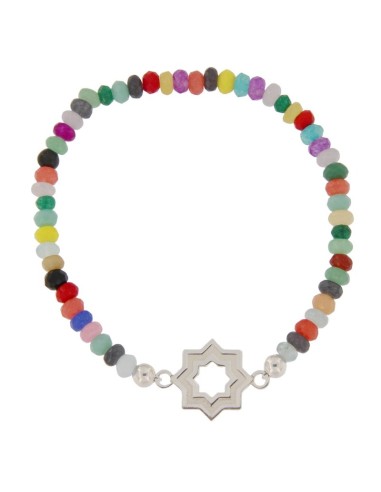 PULE-17 - PULSERA ELÁSTICA CON MOTIVO DE ESTRELLA MUDÉJAR SATINADA DE 14 MM Y PIEDRA DE COLOR + BOLA DE 4 MM