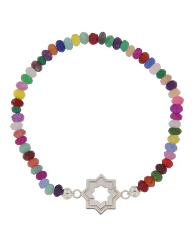 PULE-16 - PULSERA ELÁSTICA CON MOTIVO DE ESTRELLA MUDÉJAR DOBLE DE 14 MM Y PIEDRA DE COLOR + BOLA DE PLATA DE 4 MM