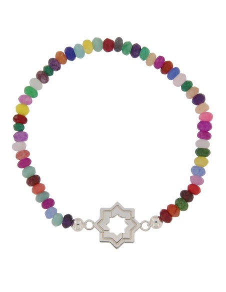 PULE-16 - PULSERA ELÁSTICA CON MOTIVO DE ESTRELLA MUDÉJAR DOBLE DE 14 MM Y PIEDRA DE COLOR + BOLA DE PLATA DE 4 MM