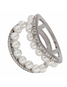 S-1922 - SORTIJA DE PLATA CON 2 TIRAS DE CIRCONITA Y DOS TIRAS CON PERLA Y ABERTURA CENTRAL