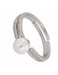 S-1921 - SORTIJA DE PLATA CON 2 TIRAS DE CIRCONITA CON PERLA CENTRAL Y ABERTURA TRASERA