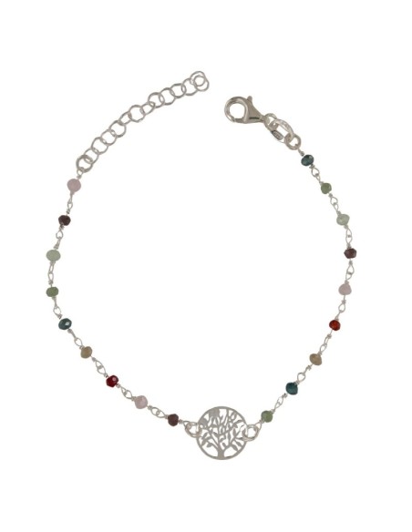 PUL-5130 - PULSERA DE PLATA CON PIEDRAS DE COLOR Y MOTIVO DE ÁRBOL DE LA VIDA DE 16 CM + ALARGADOR