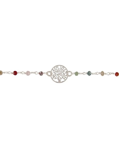 PUL-5130 - PULSERA DE PLATA CON PIEDRAS DE COLOR Y MOTIVO DE ÁRBOL DE LA VIDA DE 16 CM + ALARGADOR