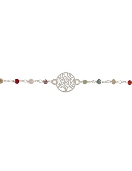 PUL-5130 - PULSERA DE PLATA CON PIEDRAS DE COLOR Y MOTIVO DE ÁRBOL DE LA VIDA DE 16 CM + ALARGADOR