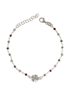 PUL-5131 - PULSERA DE PLATA CON PIEDRAS DE COLOR Y MOTIVO DE TRÉBOL DE 16 CM + ALARGADOR