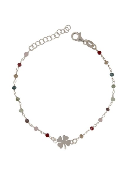 PUL-5131 - PULSERA DE PLATA CON PIEDRAS DE COLOR Y MOTIVO DE TRÉBOL DE 16 CM + ALARGADOR