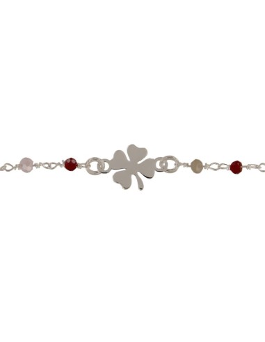 PUL-5131 - PULSERA DE PLATA CON PIEDRAS DE COLOR Y MOTIVO DE TRÉBOL DE 16 CM + ALARGADOR
