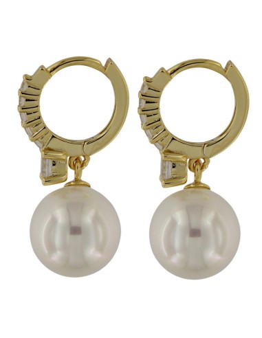 CRI-1268 - CRIOLLA DE PLATA CHAPADA EN ORO CON PIEDRA Y CIRCONITA BLANCA CON PERLA 10 MM X 25 MM