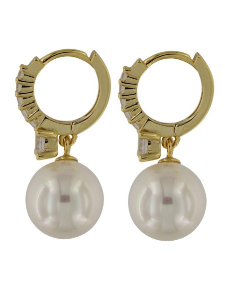 CRI-1268 - CRIOLLA DE PLATA CHAPADA EN ORO CON PIEDRA Y CIRCONITA BLANCA CON PERLA 10 MM X 25 MM