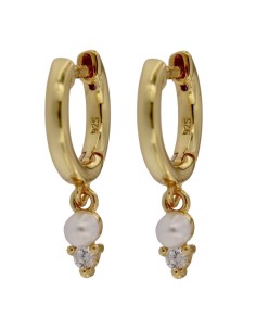 CRI-710 - CRIOLLA DE PLATA CHAPADA EN ORO LISA CON PERLA Y CIRCONITA CON 3 GARRAS 8 MM, 12 MM DIÁMTERO 