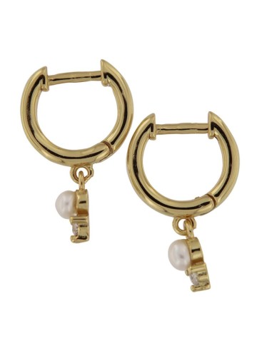 CRI-710 - CRIOLLA DE PLATA CHAPADA EN ORO LISA CON PERLA Y CIRCONITA CON 3 GARRAS 8 MM, 12 MM DIÁMTERO 