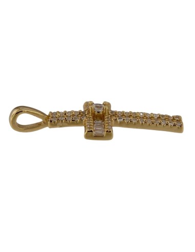 CRUZ-336 - CRUZ DE PLATA CHAPADA EN ORO CON CIRCONITA Y PIEDRA BLANCA DE 20 MM X 15 MM