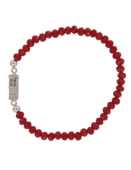 PUL-4608 - PULSERA ELÁSTICA CON PIEDRA ROJA DE 4 MM Y MOTIVO DE TORRE TERUEL DE 13 MM X 5 MM 