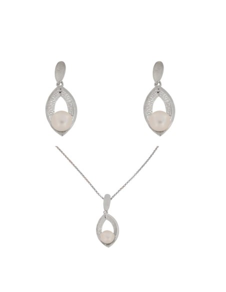 JUEGO-1519 - JUEGO DE PLATA CON PEDNIENTES Y GARGANTILLA EN FORMA DE HOJA HUECA CON PERLA