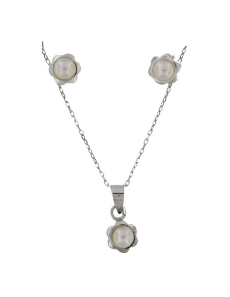 JUEGO-1627 - JUEGO DE PLATA CON FORMA DE FLOR CON PERLA EN EL CENTRO
