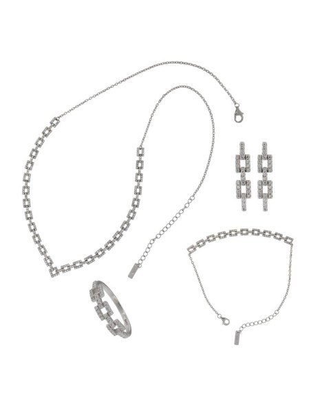 JU-63 - JUEGO DE PLATA CON CIRCONITA EN FORMA RECTANGULAR UNIDAS CON GARGANTILLA DE 42 + ALARAGDOR, PULSERA DE 19 CM  + ALARGADO