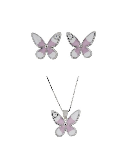 JU-58 - JUEGO DE PLATA CON MOTIVO DE MARIPOSA CON ESMALTE ROSA Y BLANCO CHATONCITO