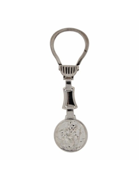 LL-136 - LLAVERO DE PLATA CON MOTIVO CIRCULAR DE SAN CRISTÓBAL EL PATRÓN DE LOS CONDUCTORES DE 25 MM X 25 MM Y 9 CM