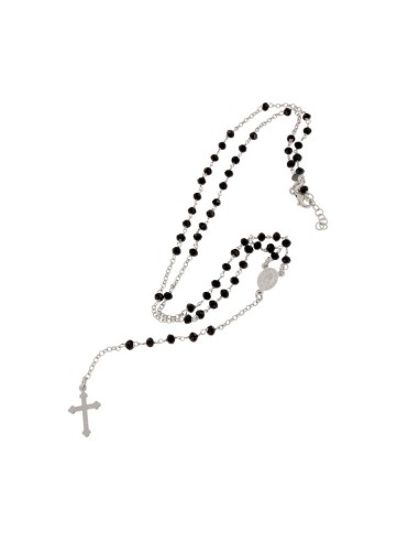 RO-39 - ROSARIO DE PLATA CON CADENA DE 35 CM Y ANCHO DE 2 MM/PIEDRA NEGRA 3,5 MM Y COLGANTE DE 16 MM X 10 MM