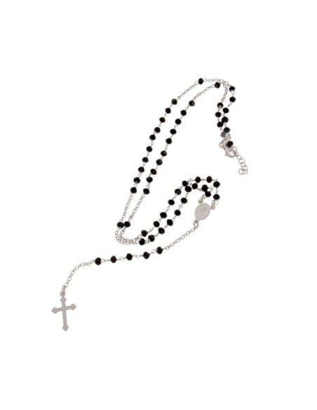 RO-39 - ROSARIO DE PLATA CON CADENA DE 35 CM Y ANCHO DE 2 MM/PIEDRA NEGRA 3,5 MM Y COLGANTE DE 16 MM X 10 MM