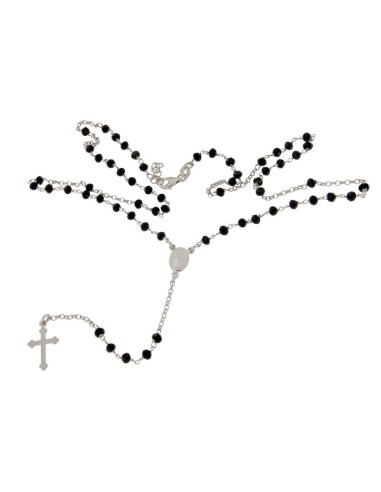 RO-39 - ROSARIO DE PLATA CON CADENA DE 35 CM Y ANCHO DE 2 MM/PIEDRA NEGRA 3,5 MM Y COLGANTE DE 16 MM X 10 MM