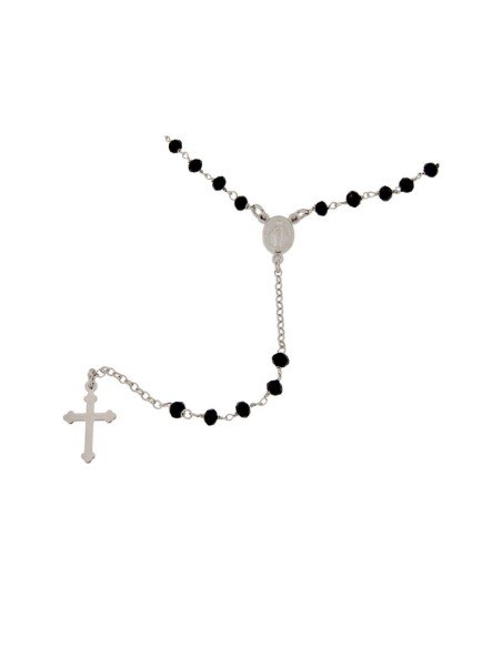 RO-39 - ROSARIO DE PLATA CON CADENA DE 35 CM Y ANCHO DE 2 MM/PIEDRA NEGRA 3,5 MM Y COLGANTE DE 16 MM X 10 MM
