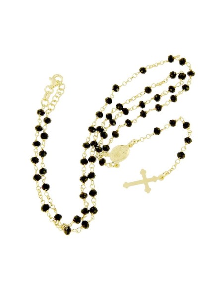 RO-40 - ROSARIO DE PLATA CHAPADO EN ORO CON CADENA DE 32 CM Y ANCHO DE 2 MM/PIEDRA NEGRA 4 MM Y COLGANTE DE 18 MM X 17 MM
